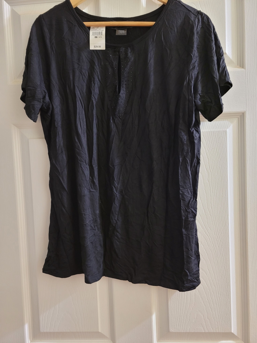 Women's Black Short-Sleeve Tee with Embellished Keyhole